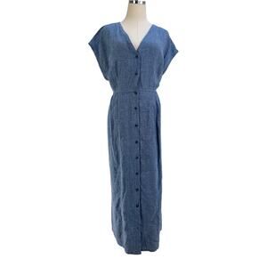 Poetry Linen Button Through Dress Blue Midi